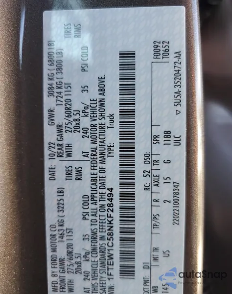 2022 Ford F150 Supercrew из США, поврежденный, VIN 1FTEW1C58NKF28494